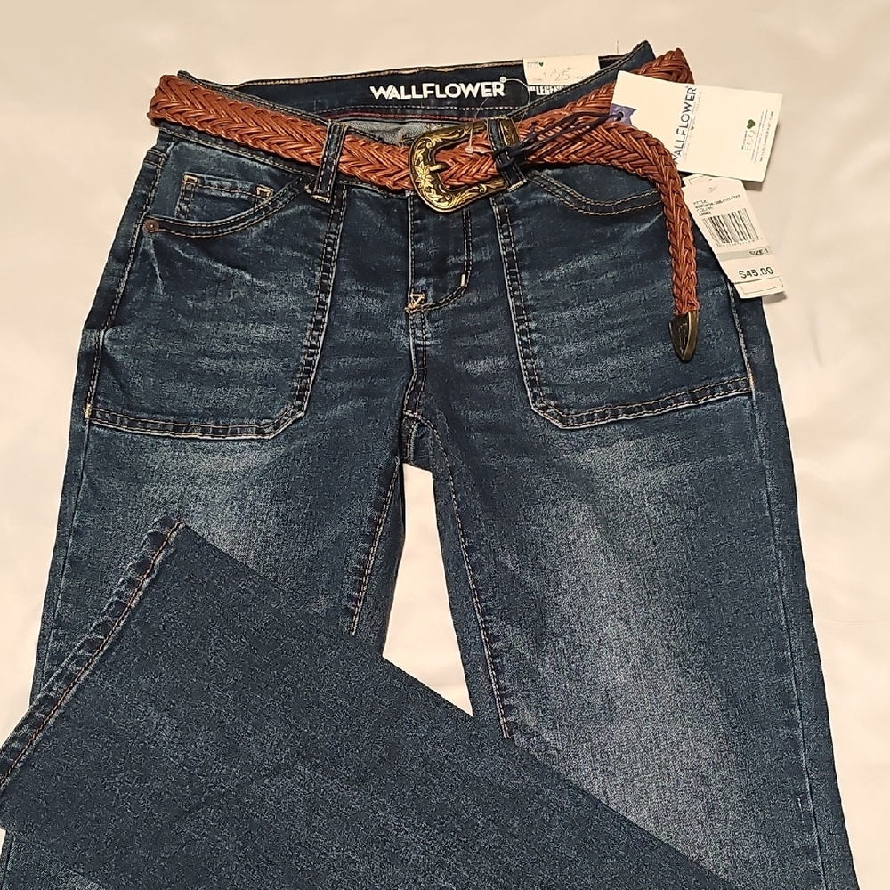 Wallflower Women's Dark Blue Boot Cut Jeans with Braided Belt